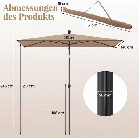 Rectangular Balcony Umbrella, Adjustable Tilt, Brown, 213x140 cm