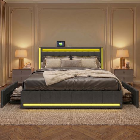 Lit 140x190 cm avec sommier, lit double capitonné, 4 tiroirs,  éclairage LED réglable, deux ports USB/C, style scandinave, Lin - Gris Foncé
