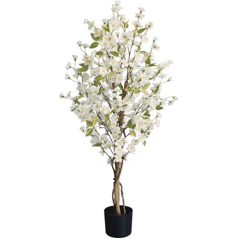 Cerisier blanc artificiel en fleurs pour décoration élégante - Blanc fleurs et feuillage vert (1/3)