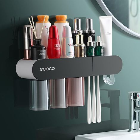 Wall-Mounted Toothbrush Holder for Bathroom, 2 Magnetic Toothbrush Cups with Toothpaste Dispenser, Drawer and 6 Brush Slots, Large Capacity Tray (1/5)