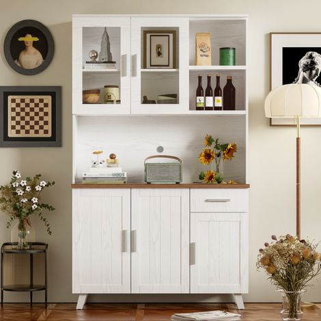 Buffet haut bois blanc 114x40x190cm - Meuble élégant pour salon & salle à manger - Rangement spacieux (1/5)