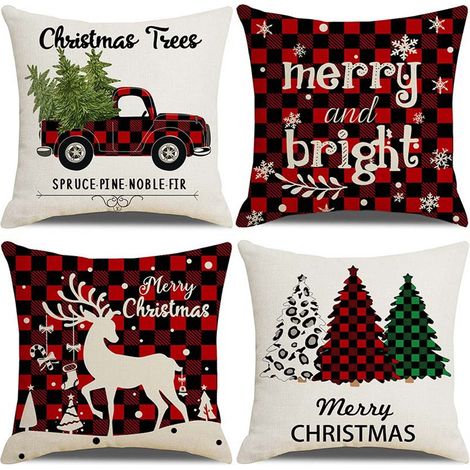Lot de 4 Housses de coussin,lin,45x45 cm,motif Noël,invisible,canapé lit salon (1/5)