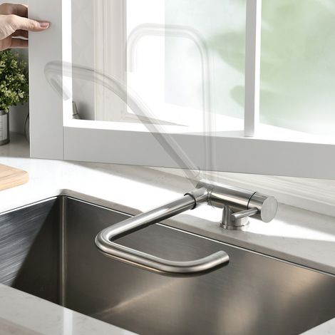 Lonheo Rubinetto Abbattibile in Acciaio Inox Spazzolato, Rubinetto Cucina Sottofinestra, Miscelatore da Cucina Pieghevole e Girevole a 360 con Aeratore Staccabile, 7-Form