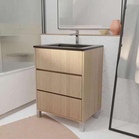Mobile bagno da 60 cm 3 Casseti Rovere Chiaro + Lavabo Ceramica Nera - XENOS