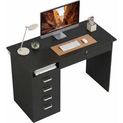 Moderner Schreibtisch mit 5 Schubladen, großer Arbeitsfläche, 1 offenem Fach, abschließbarer Schublade, 110 x 50 x 76 cm, schwarz (1/5)