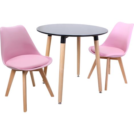 Ensemble de salle à manger rond Halo Lorenzo - une table à manger en bois noir et un ensemble de 2 chaises de salle à manger en polypropylène rose - Salle à manger et cuisine