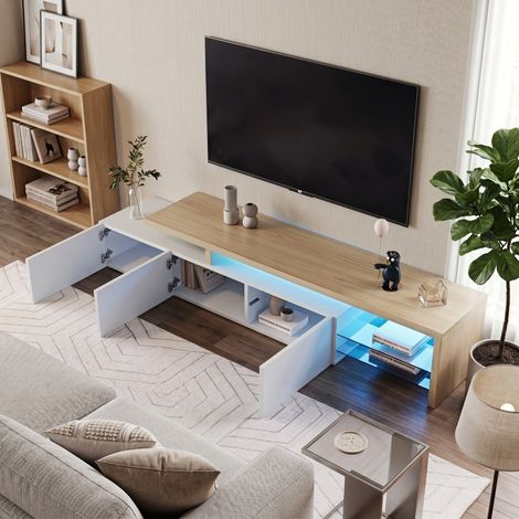Meuble TV Moderne 200cm,Banc TV avec Éclairage LED Réglable et 3 Portes,2 Étagères en Verre, Espace de rangement, Design Moderne, aspect bois,pour TV jusqu'à 90 Pouces (200x39x42 cm) - Blanc (1/5)