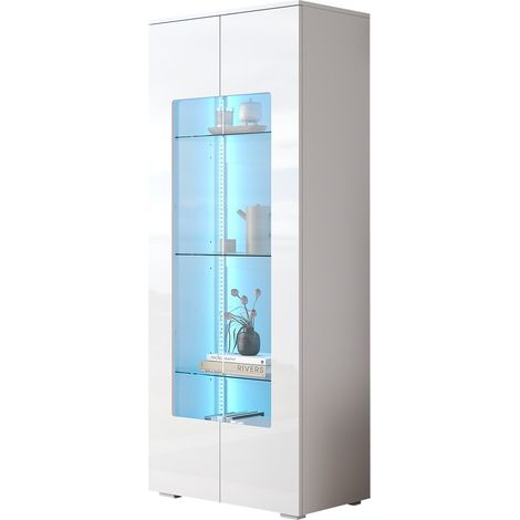 Vetrina da soggiorno 70x40x173 cm in MDF bianco, 2 ante e LED, contenitore verticale - CHICFURN (1/5)