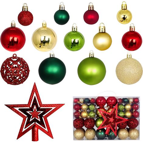 Ensemble de 101 décorations pour sapin de Noël, comprenant des boules de Noël incassables en plastique rouge, doré et vert (1/5)