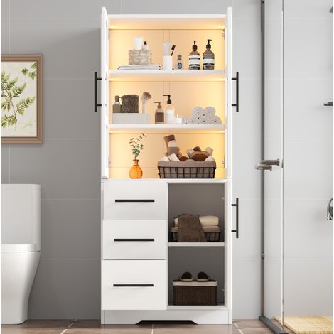 Mobile bagno moderno bianco in MDF e vetro 72x35x170 cm con LED, 3 cassetti, 2 ante in vetro e ripiani regolabili (1/5)