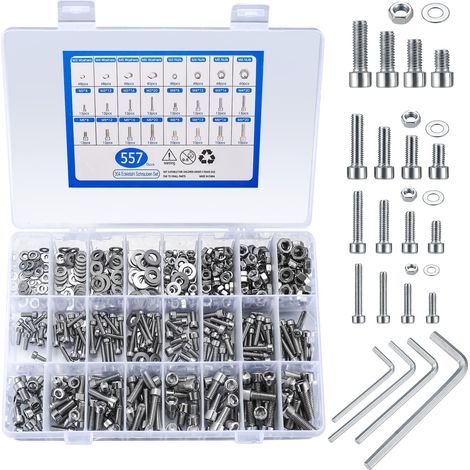 557 Pièces kit boulons écrous rondelles inox, six pans creux avec clé Assortiment de visserie métrique, robuste pour montage, réparation et bricolage (1/5)