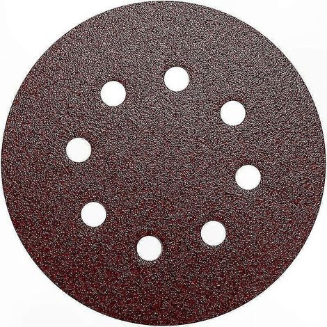 Lot de 50 disques abrasifs velcro rouge grain 80, diamètre 125 mm (5 pouces), perforés de 8 trous, pour ponceuse orbitale et atelier (1/2)