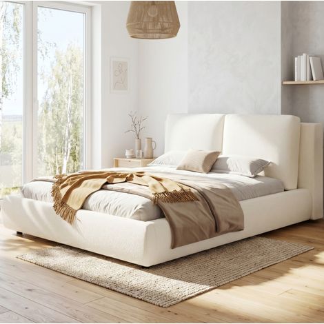 Cama doble (230x174x90 cm), con almacenaje, somier de láminas, cabecero acolchado, Bouclé beige (1/5)