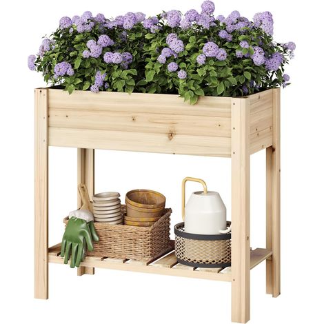 WOLTU Fioriera/Aiuola Rialzata Orto Balcone Alta da Esterno in Legno Naturale Lettino per Piante Giardino con Ripiano Mensola , Colore del legno