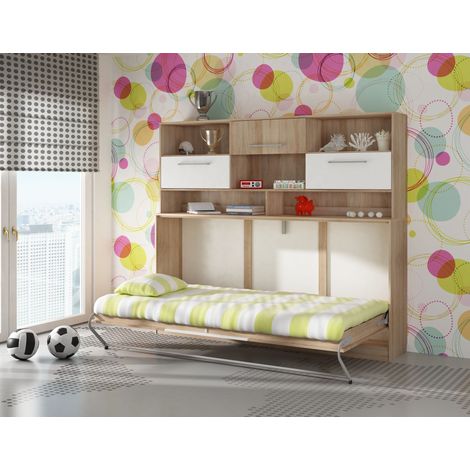 Bim Furniture – Lit escamotable 90x200cm horizontal – Étagère chêne sonoma/blanc – Construction stable et moderne – Montage mural requis (1/4)