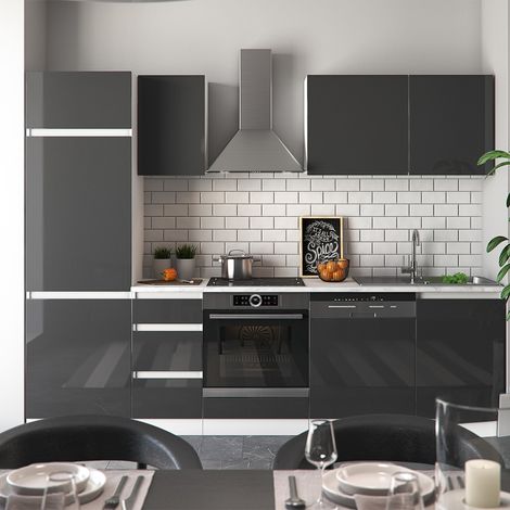 Cucina componibile Optima, Antracite lucido, 270 cm senza piano di lavoro, senza maniglie con striscia LED, Vicco