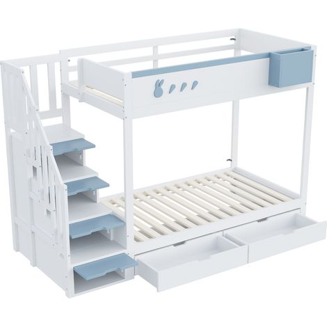 CAIziLit superposé pour enfants 90200 cm, avec motifs lapins et carottes, étagère amovible, échelle de rangement sécurisée, tiroirs, sommier à lattes, blanc + bleu (1/5)