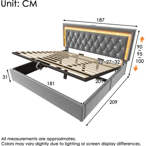 Lit double capitonné en velours 180x200 cm avec bande LED en losange, station de charge USB et Type-C, lit coffre hydraulique, lit jeune moderne avec sommier à lattes, gris (sans matelas) (1/4)