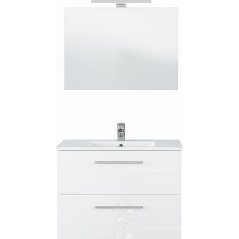Mobile Mobiletto Bagno Sospeso Con 2 Cassettoni Soft Close Lavabo in Ceramica Monoforo Con Troppopieno E Specchio Con Led Da 30 Cm Design Moderno 80 x 45 x 57 Cm Colore Bianco - Set: Mobile Lavabo e S