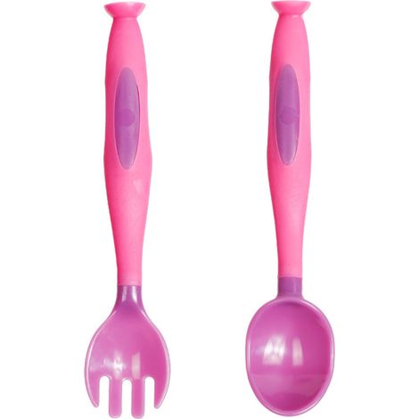 Ensemble fourchette et cuillère pour bébé, manches courts, en polypropylène souple, pour l'apprentissage de l'alimentation des tout-petits, couleur violette. (1/5)