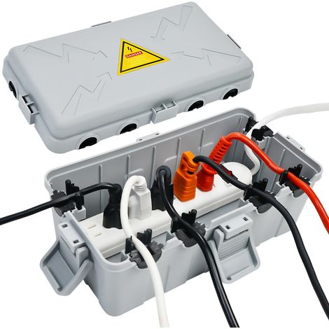 Boîte électrique d'extérieur de taille moyenne (26,9 x 14 x 11,4 cm), boîte de connexion résistante aux intempéries avec 6 entrées de câbles, protection étanche IP54 pour multiprise, minuterie (1/5)