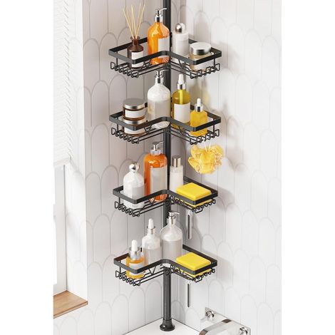 Etagere Douche - Etagere Telescopique Douche Sans Percage, Tablette d'Angle Réglable en Hauteur avec 4 Paniers, Noir (1/5)