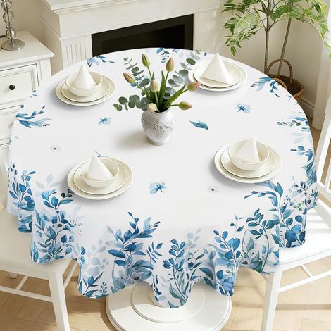 Nappe ronde 180 cm Printemps Été Motif floral Bleu Facile d'entretien