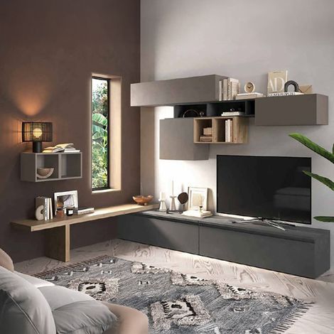 Dmora - Parete attrezzata Turano, Composizione soggiorno, Mobile salotto multiuso, Armadio porta TV, Made in Italy, 276x40 h200 cm, Grigio scuro e Grigio (1/4)