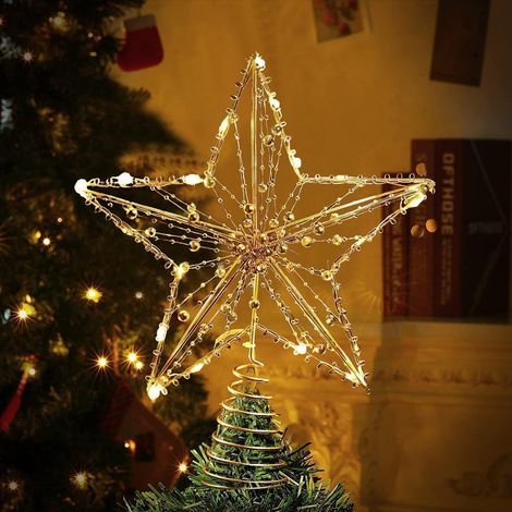 Cime de sapin de Noël LED 25 x 20 cm – Étoile dorée à cinq branches avec 20 mini LED, petite taille (1/5)