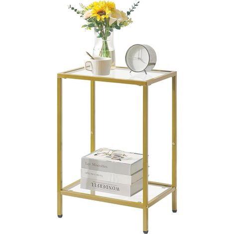 Table d'Appoint à 2 Niveaux, Table Basse, Table de Chevet, Table Téléphone, Bout de Canapé, Table pour Salon, Chambre, Couloir 38×28×56CM Dorée HGD002G (1/5)