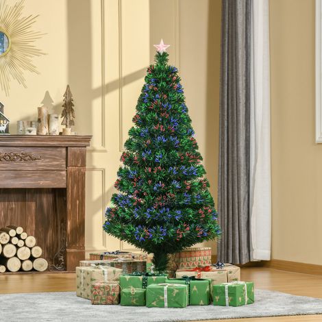 Künstlicher Weihnachtsbaum 150 cm mit Glasfaser künstlich Tannenbaum mit LED Beleuchtung, 180 Spitzen Christbaum Weihnachtsdeko inkl. Metallständer für drinnen