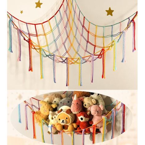 Filet de rangement tissé pour jouets, filet de rangement d'angle en peluche, filet de rangement d'angle triangulaire pour jouets pour chambre d'enfant, couleurs arc-en-ciel (1/5)