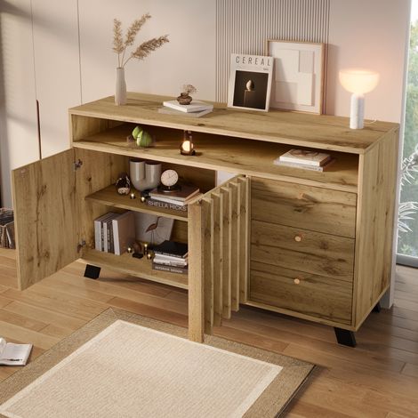 Buffet commode de rangement 120x40x85 cm, Meuble de salon salle à manger entrée, avec 3 tiroirs et 2 portes persiennes, Chêne foncé (1/5)