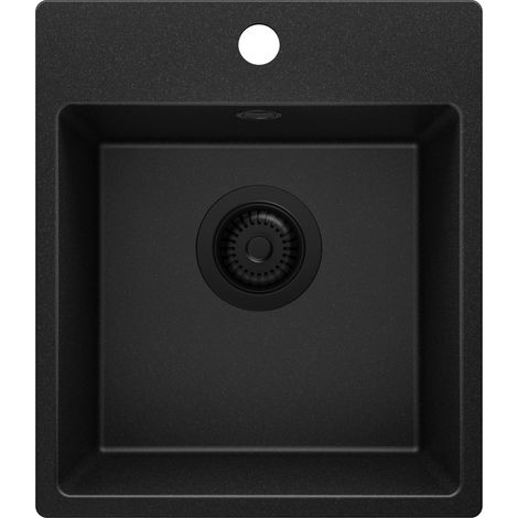 PRIMAGRAN Evier Cuisine en Granit 38x44cm, Lavabo 1 bac + Kit de Vidage, Évier à Encastrer au meuble 40cm - Riga Easy, Tout Noir