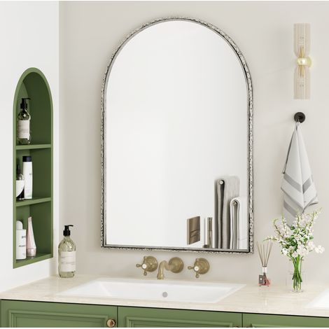Espejo arqueado de pared 61 x 91 cm de vidrio templado con marco de hierro plateado DESVIAE (1/5)