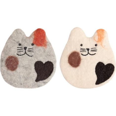Sous-Verre Chat - Feutre de Laine Main - Pour Bureau Table Boissons - 13 x 14 cm - Lot de 2 (1/4)