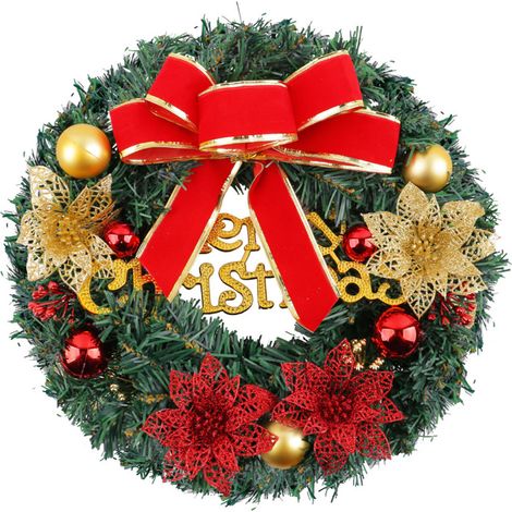 Weihnachtskranz aus Kunststoff für die Haustür, Kiefernzweig-Dekoration mit Kugeln, Schmuck für Kamin, Wand, Veranda, Stil 2 (1/5)