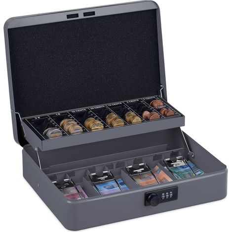 Relaxdays Cassetta con Combinazione Numerica a 3 Cifre, per Banconote, Scomparto per Monete, 8,5x30,5x25 cm, Grigio
