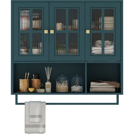 CAIziArmoire murale 3 portes bois vert foncé, rangement vitré, salle de bain