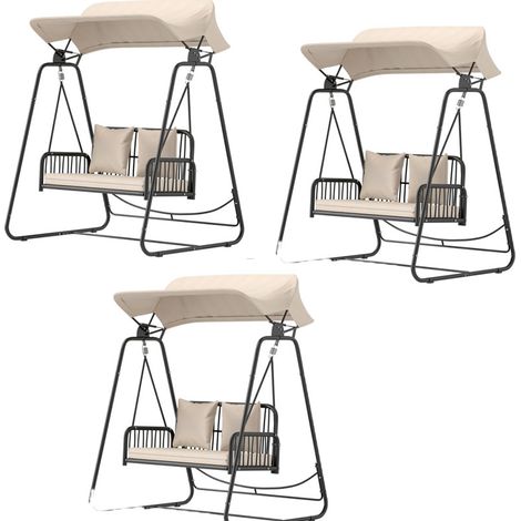 3er-Set Hollywoodschaukel Rattan 2-Sitzer Gartenschaukel mit verstellbar Sonnendach Kissen Hängebank bis 240 kg belastbar Hängeschaukel Schaukelbank für Garten Balkon 149 x 121 x 180 cm Khaki