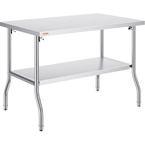 Kommerzieller Arbeitstisch, 1220 x 762 mm, Klappbarer Kommerzieller Vorbereitungstisch, Doppelregal-Klapptisch aus Edelstahl, Küchenarbeitstisch mit 350 kg Traglast, Silberfarbene Kücheninsel (1/5)