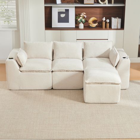 Canapé modulaire 256x161x75 cm beige en velours côtelé avec pouf, coussins, porte-gobelet et poches latérales (1/5)