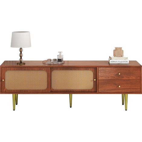 Meuble TV bas 160 cm en MDF bois foncé et résine tressée, 2 tiroirs, 2 portes coulissantes, 4 compartiments, pieds métal, style moderne - CHICFURN (1/5)