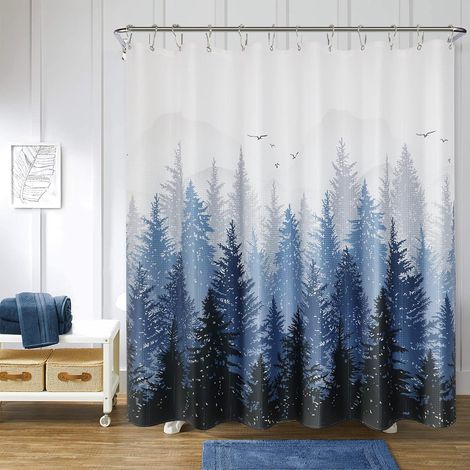 BEBUSINGOTO Rideau de douche Montagne Forêt Nature Arbre Tissu Rideau de douche Ensemble Bleu Rideau de douche pour salle de bain Hydrofuge Rideaux de douche Baignoires Hôtel, 72 x 72 pouces, Bleu (1/5)