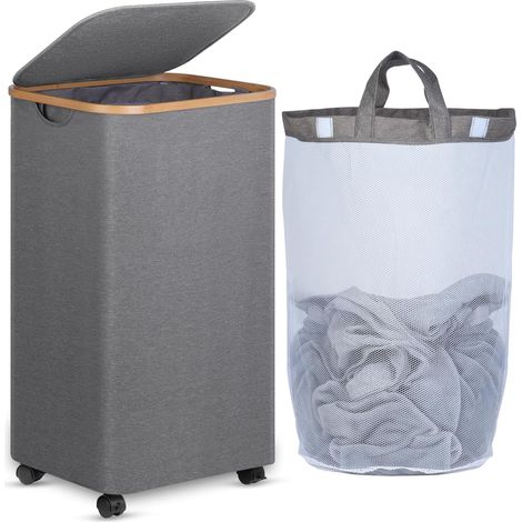 Panier à Linge sur Roues 100L, Grands Panier à Linge avec Couvercle, Panier à Linge Pliable avec Poignées en Bambou et sac Amovible pour la Chambre, la Salle de Bain, la Buanderie (1/5)