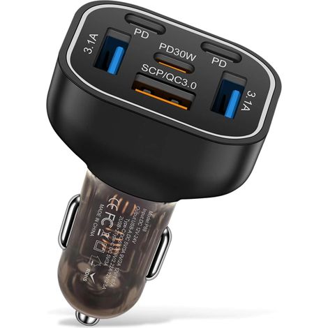 Chargeur de voiture multiport 6 ports USB-C 12 V/24 V avec prise allume-cigare et charge rapide PD30 W, compatible IP (dernier modèle 2025). (1/5)