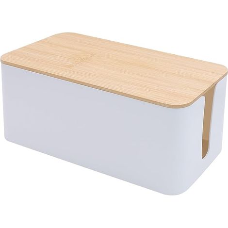 Cable Management Box, Cable Storage Box, White Cable Box with Bamboo Lid and Cable Organizer for Storing Cables and Sockets (1/5)