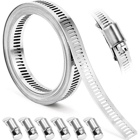 Collier de serrage pour tuyau, kit de bricolage de 3 mètres (8,5 pieds environ), sangle métallique + 6 fixations, collier de serrage en acier inoxydable, grand collier de serrage réglable pour tuyaux, (1/5)