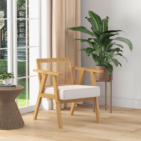 Exotischer Polsterstuhl, Kautschukholz, Sitzkissen in Leinenoptik, 63L x 69B x 78H cm, Cremeweiß