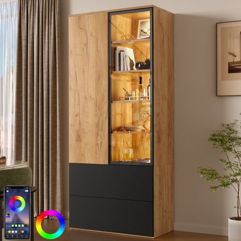 Vitrina con LED y cristal, 2 puertas, 2 cajones y 6 estantes regulables 70x35x160 cm OKWISH (1/5)